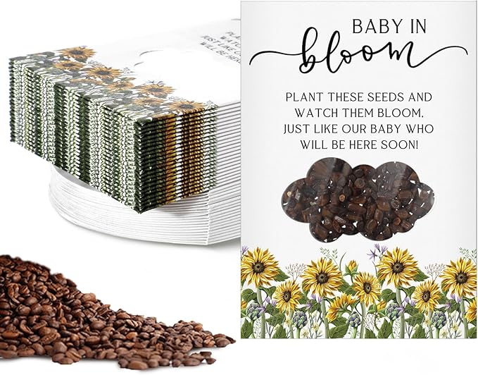 Fumete 50 Pack Baby in Bloom Seed Packets Baby Shower Party Favor for Guest Envelopes Kraft with Clear Window Resealable Seed Organizer Storage Bag for Gender Reveal Party, No Seeds(Sunflower)