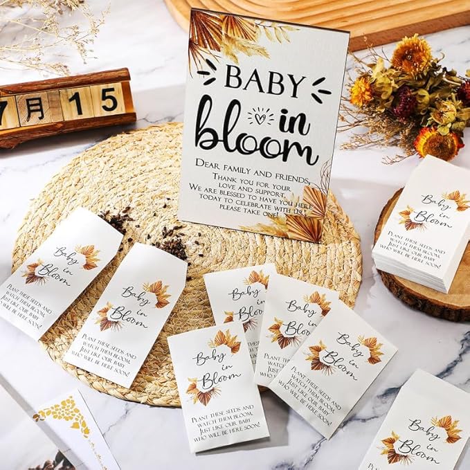 Maitys 100 Pcs Baby Shower Seed Packets Favors for Guests Baby in Bloom Wooden Sign Self Adhesive Envelopes Packet Storage Decor, No Seeds(Boho Style)