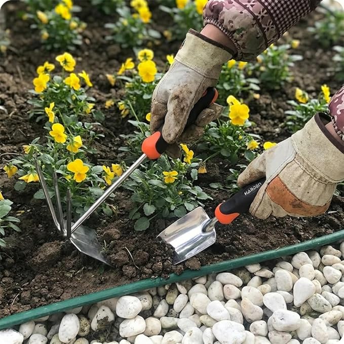 Garden Tool Set. Gardening Tool Set with Stainless Steel Spade and Combination Hoe Fork. Heavy Duty Rust Resistant Gardening Set with Ergonomic Non Slip Handle for Digging Planting and Weeding