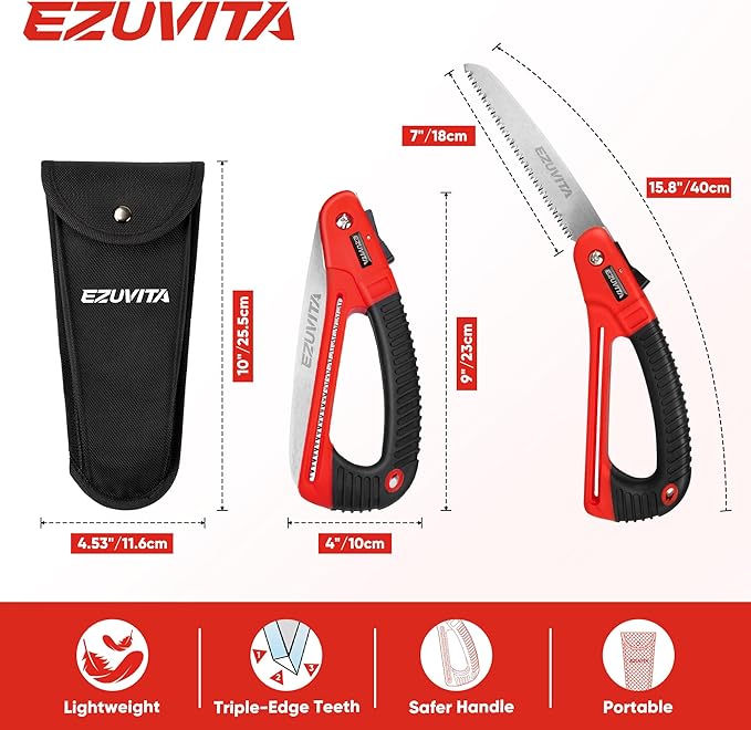 7 Inch Folding Saw with EDC Pouch, Lightweight Hand Pruning Saw with Curved Grip, Triple-Cut Razor Teeth for Wood Cutting, Tree Trimming, Gardening, Camping, Hiking, Hunting
