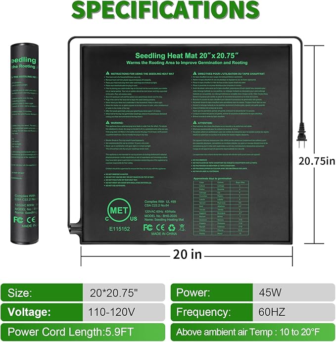 Seedling Heat Mat 20" x 20.75" Warm Hydroponic Plant for Indoor Gardening Germination Starting, Waterproof Durable
