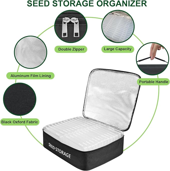 26 Slots Seed Storage Organizer Box with 10 Seed Envelopes, Oxford Cloth Seeds Storage Container with Insulated Bag, Garden Seed Packet Organizer with Label Stickers for Vegetable Flower Plants
