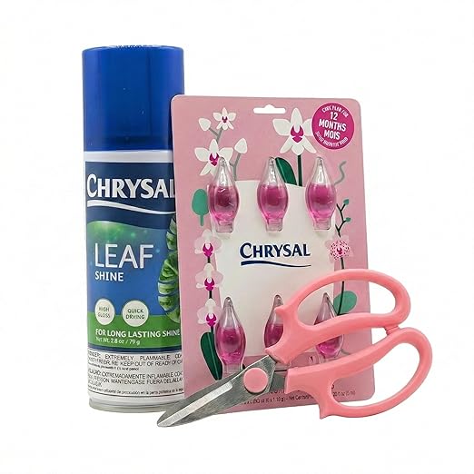 Chrysal Orchid Grooming & Feeding Set — 1 Year Supply of Orchid Food Drops, Leaf Shine (4.15 oz) & Precision Scissors — Everything Needed for Healthy Blooms & Foliage