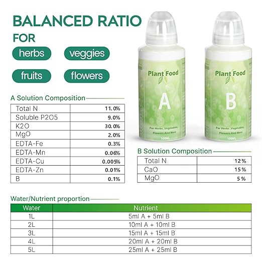 Plant Food A & B Hydroponics Nutrients, Indoor Plant Fertilizer Foodfor Hydroponics Growing System, Vegetable Fertilizer, Hydroponics Supplies, 2 Bottles 100ml A Solution and 100ml B Solution