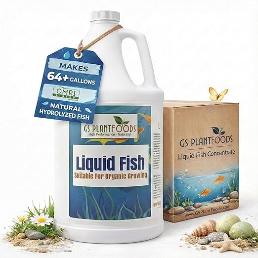 GS Plant Foods Liquid Fish Fertilizer - Organic Material Review Institute Listed (1 Gallon) – Natural Hydrolyzed Fish Fertilizer for Gardens, Lawns & Container Growing