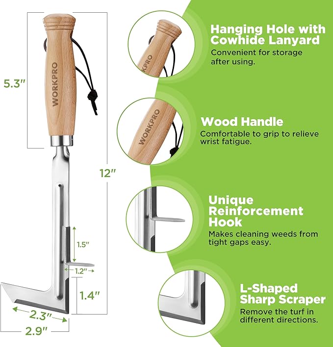 WORKPRO Crack Weeder, 12" Stainless Steel Crevice Weeding Tool with Beech Wood Handle, L-Shaped Side-Walk Weed Puller Spatula, for Garden Lawn Yard Patio Terrace Paving Moss, Small Gardening Tool