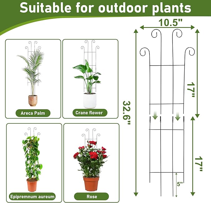 32.6In Metal Plant Trellis for Climbing Plants Indoor, Monstera & Pothos Support Stakes, Tall Expandable Trellis for Potted Plants, Tool-Free Structures, 2 Pack