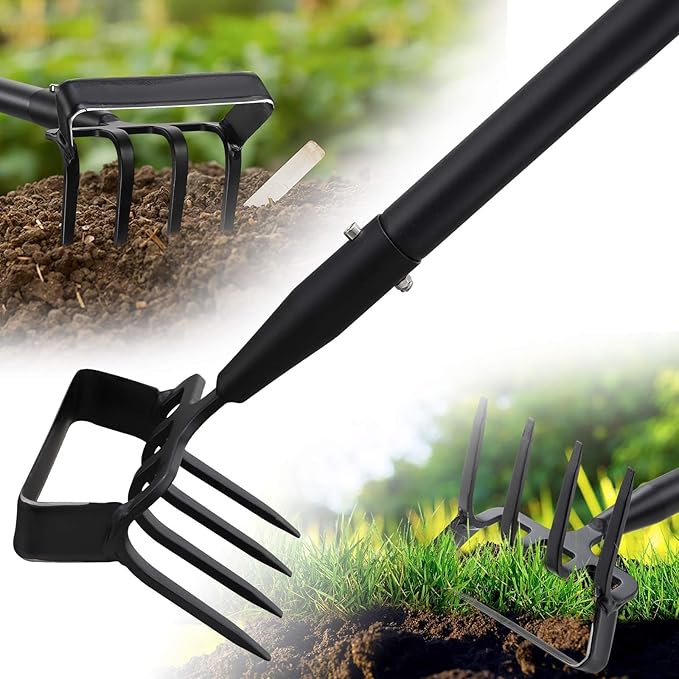 Garden Hoe with Cultivator Rake - Heavy Duty Stirrup Hoe Gardening Tool ,Sharp Blade,74 Inch Adjustable Long Handle,Weed Action Hoes for Fast Weeding,Grass Weeder Remover,Cultivating