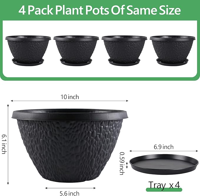 4 Pack 10 inch Plant Pots for Outdoor Indoor, Durable Flower Pots with Drainage, Indoor Outdoor Planters for Herbs Flowers Small Trees (Black Pebbles Design)