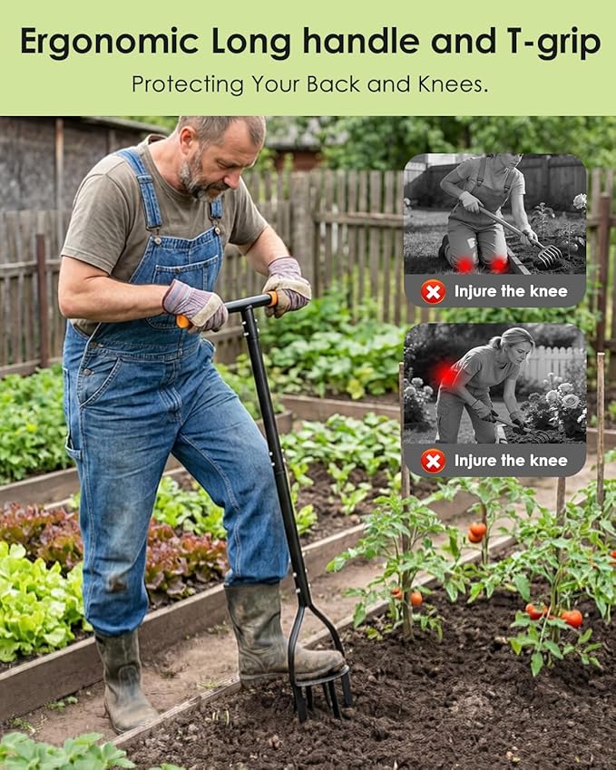 Hand Tiller for Gardening, 40 Inch Manual Soil Tiller with 8 Sharp Steel Teeth, Ergonomic T-Handle Garden Cultivator for Lawn, Planting, Tilling & Aerating