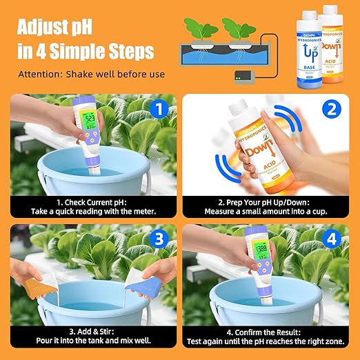 pH Down & pH Up for Hydroponics, pH Control Kit for Hydroponic Nutrients – 250ml pH Down and 250ml(8.45oz/250ml Each) pH Up with 2×50ml Beakers for Nutrient Water pH Adjustment