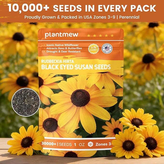 Black Eyed Susan Seeds for Planting | 30,000+ Heirloom Seeds, Non-GMO 1oz Flower Seeds for Garden, Borders & Containers | Sunflower Companion Wildflower Seeds to Attract Pollinators