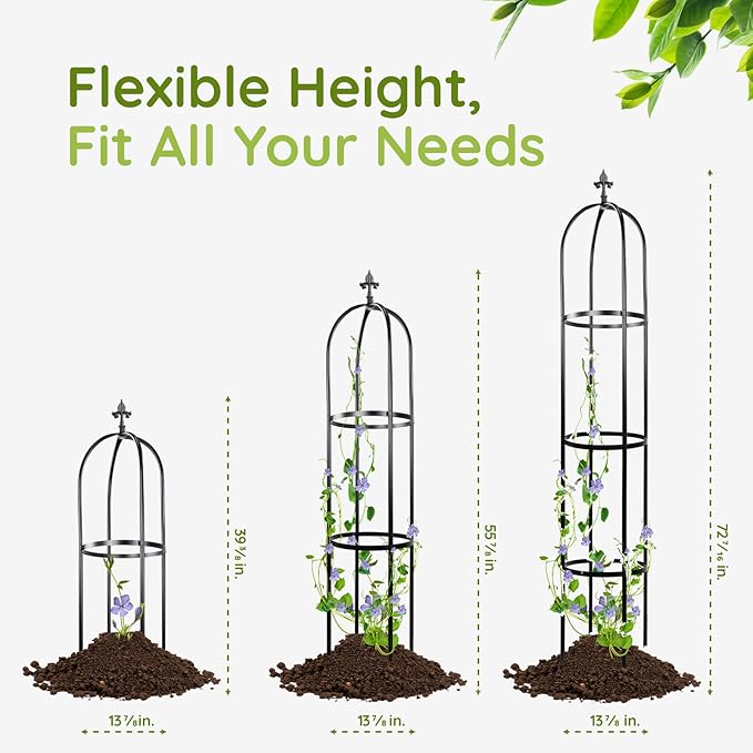 Idzo 100% Metal Obelisk Trellis for Climbing Plants Outdoor 6ft - 72in, Heavy Duty Black Garden Trellis for Climbing Vine with Stone-Look Finish, 1pc
