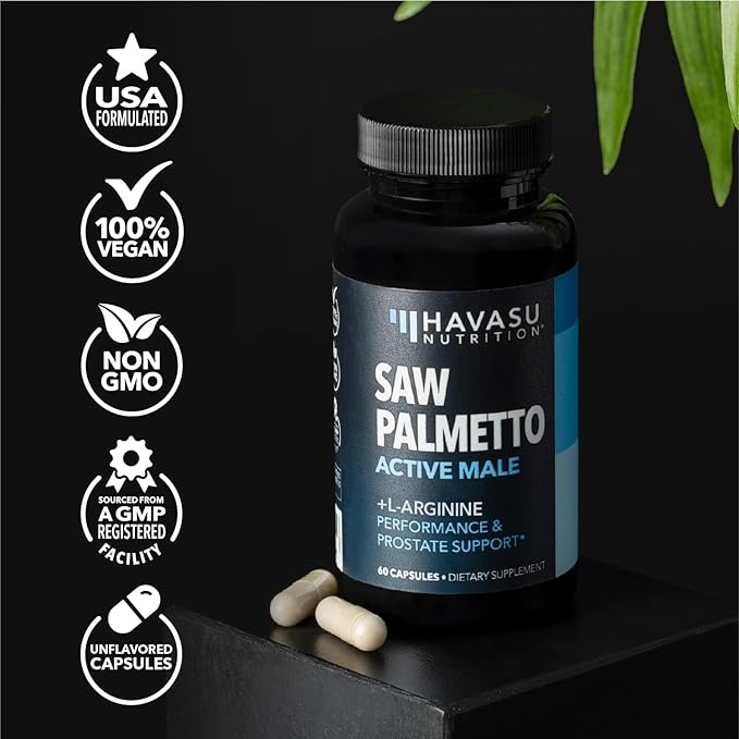 Saw Palmetto 500mg and L-Arginine 500 mg - Prostate Health and Nitric Oxide Supplements for Men - 60 Count - Urinary Function Support and Endurance for Active Males - Vegan, Non-GMO, 1 Month Supply