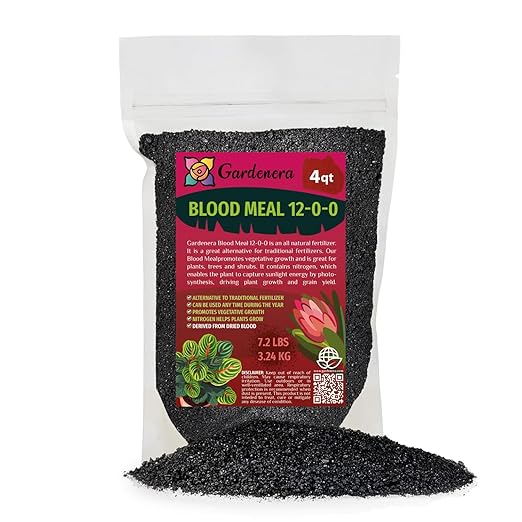 𝐁𝐄𝐒𝐓𝐒𝐄𝐋𝐋𝐄𝐑 Organic Blood Meal Fertilizer by Gardenera - 12-0-0 NPK - All-Natural Plant Food Source of Nitrogen for Organic Gardening, Flowers, Vegetables, Trees & Shrubs - 4 QUARTS