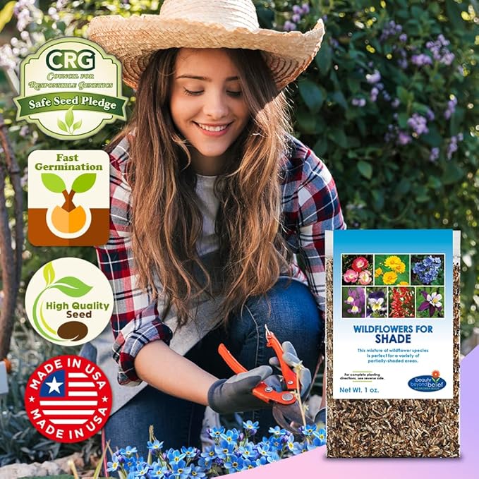 Partial Shade Wildflower Seeds -1 oz, Open-Pollinated Flower Seed Mix Packet, No Fillers, Annual, Perennial Wildflower Seeds Year Round Planting - 1 oz