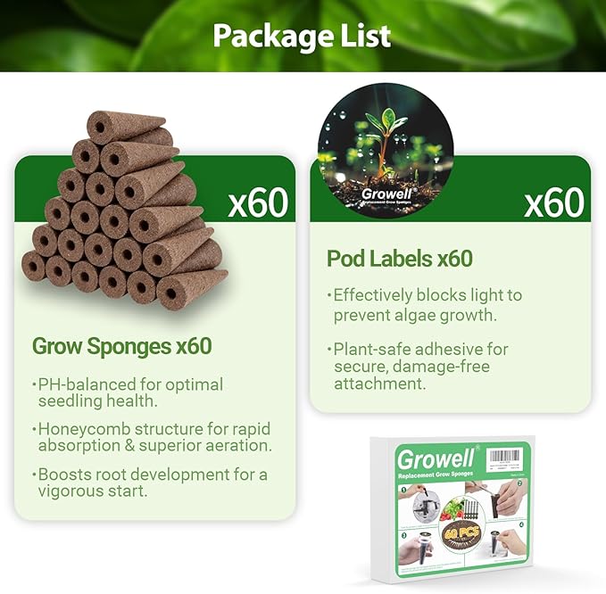 120Pcs Hydroponic Pods Kit, 60 Grow Sponges with 60 Pod Labels, Breathable Replacement Pods Compatible with AeroGarden & Most Hydroponics Growing System, Seed Starter Pods for Indoor Garden