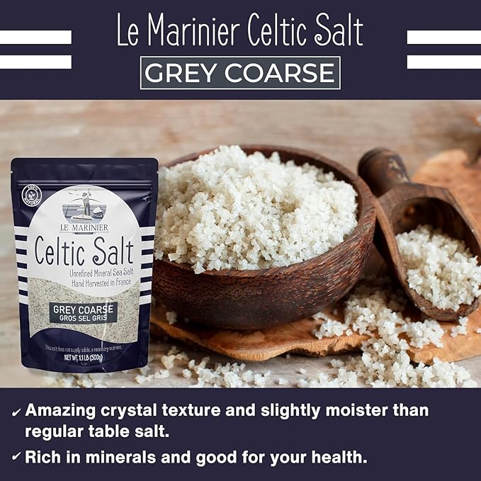 Le Marinier Celtic Salt Organic Grey Coarse, 1.1lb - 18oz Pack of 2. Mineral Rich Unrefined French Sea Salt 100% Natural, Hand Harvested (1.1lb Grey Coarse - Pack of 2)