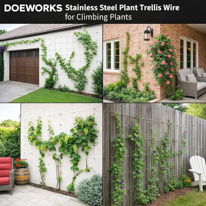 DOEWORKS 16 Set Wire Trellis for Climbing Plants Outdoor, Wall Wire Trellis Kit with 1/8 in x 80ft Stainless Steel Cable, Espalier System for Fence and Garden DIY Projects