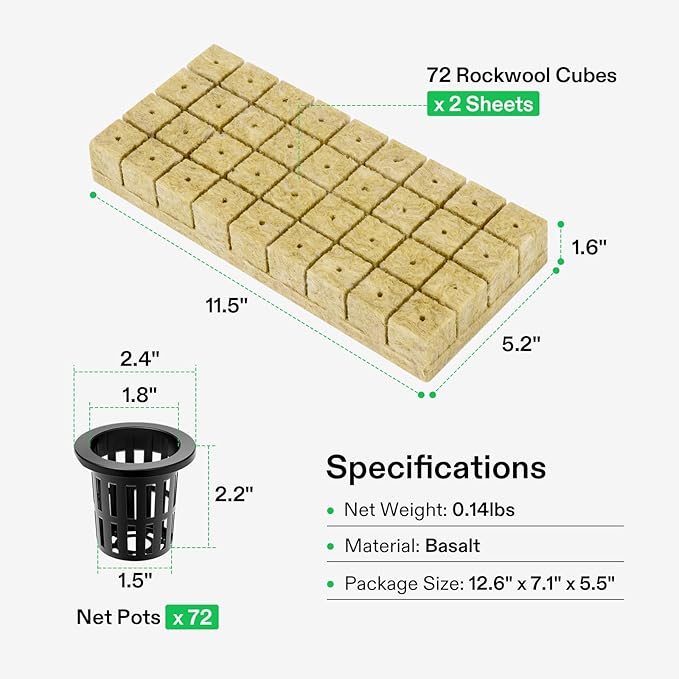 VIVOSUN 72 Rockwool Cubes & Net Pots Set for Hydroponics, 1.2” x 1.2” x 1.6” Cubes, 72 Plugs & 72 2” Net Cups for Hydroponic Growing, Seed-Starting, Cloning, Tower Gardens (Pack of 2)