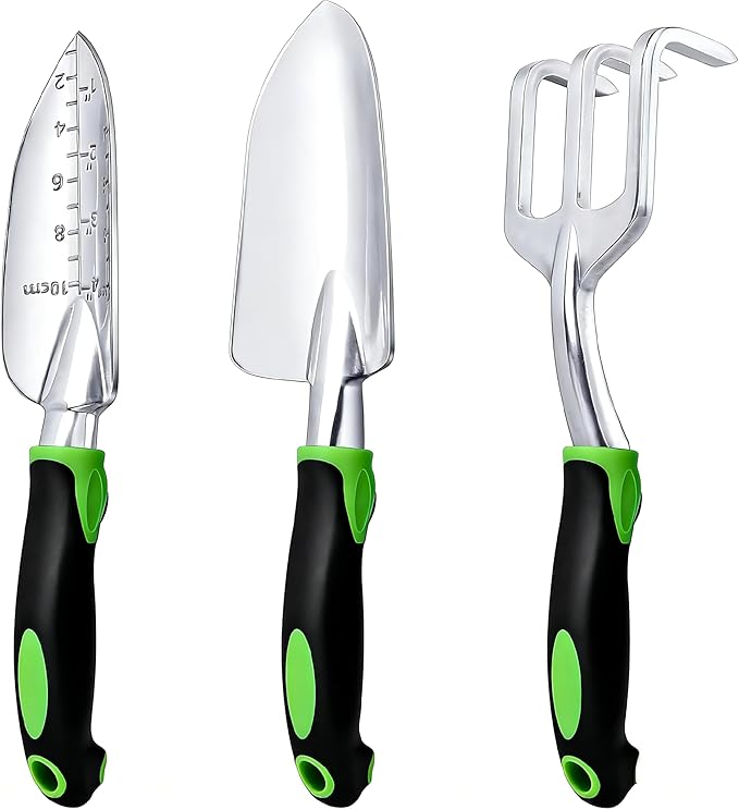 Garden Tools Set, 3-Piece Heavy Duty Gardening Hand Tools, Rust-Proof Cast Aluminum Construction with Soft Non-Slip Rubber Grips, Ideal for Digging, Planting, Weeding & Transplanting (Green)