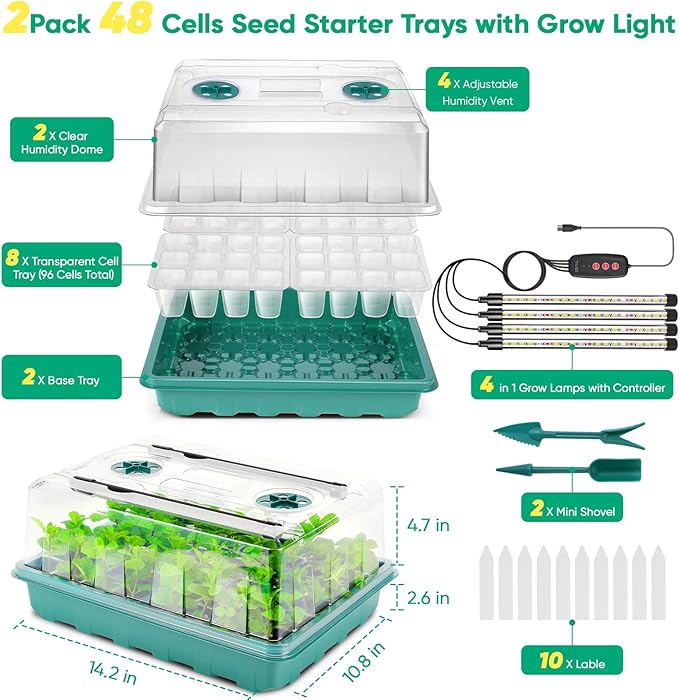 Eglotes 96 Cells Seed Starter Tray with Grow Light, Seed Starter Kit with Adjustable Humidity Dome, Seed Starting Trays Plant Starter Kit for Seeds Growing Starting, Indoor Gardening, Greenhouse