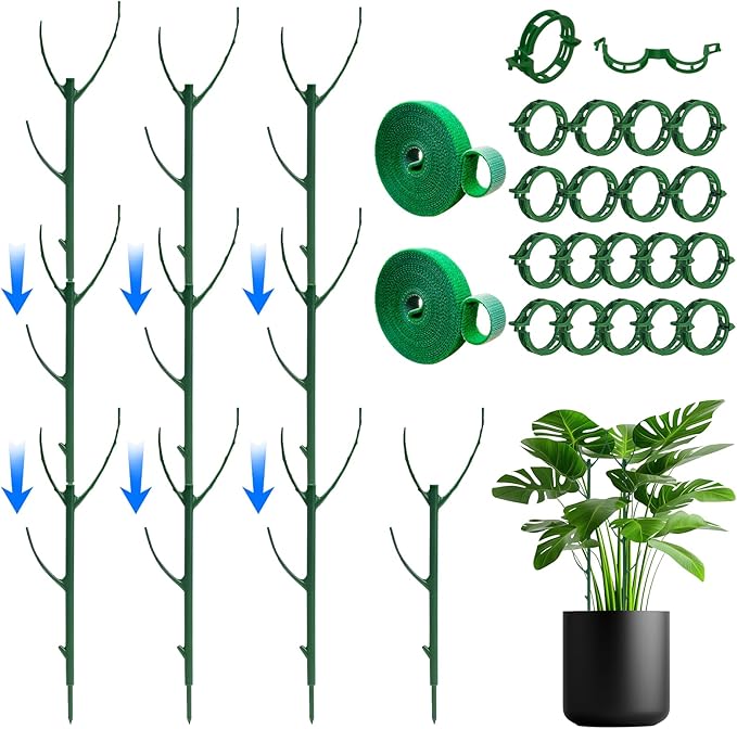 10 Pack Stackable Monstera Plant Support Stakes with 2 Rolls Velcro Ties & 20 Clips, Adjustable Plant Stakes for Indoor Plants, Plant Sticks Support Tall Pothos Climbing