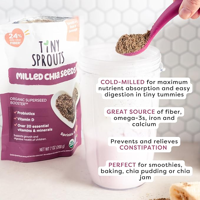 Tiny Sprouts Organic Milled Chia Seeds + Full Serving Probiotic + Vitamin D3 I Kids Superfood Nutrition Booster I Plant-Based Omega-3, Prebiotic Fiber, Calcium, Protein I Gluten-Free, Dairy-Free Superseed Blend I 7 oz x 1 Pack