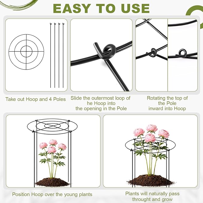 Geelin 15 Pack Peony Cages Bulk 12'' Dx 16'' H Peony Cages and Supports Heavy Duty Metal Plants Grow Through Support Rings Hoops for Outdoor Plants Flower Strawberry Tomato Strawberry(Black)