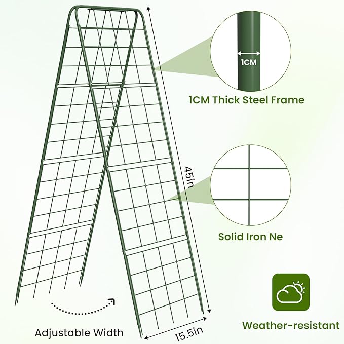 Heavy Duty A-Frame Metal Garden Trellis for Climbing Plants, 50"x17" Inch Tall Plant Support with Clips & Garden Ties for Cucumbers, Squash, Beans & Vines (1)