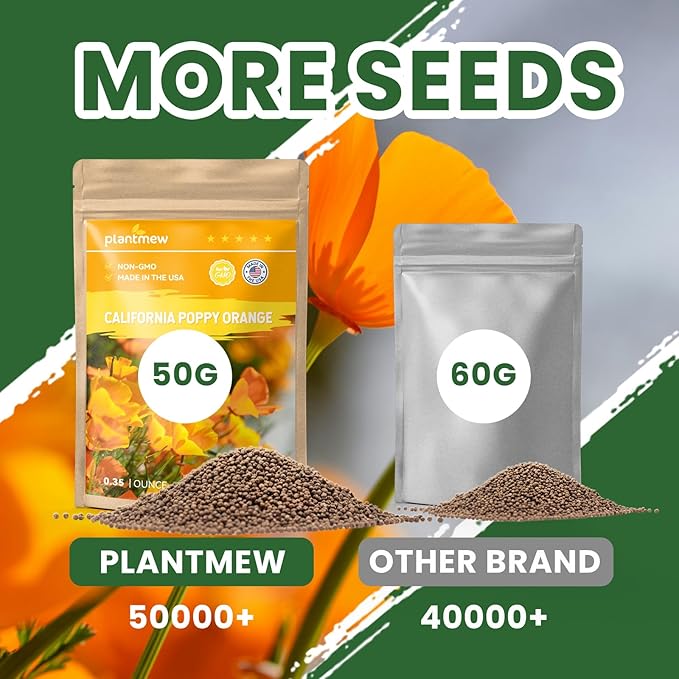 Orange California Poppy Seeds for Planting - Bulk 1.76 Ounce Packet - Over 50,000 Native Seeds - California State Flower