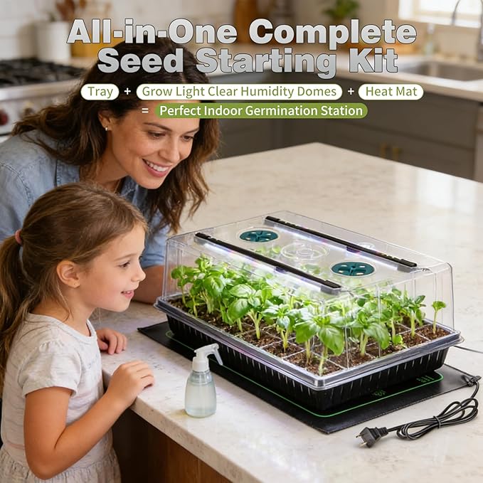 60 Cell Seed Starter Tray Kit with Grow Light, 3.8" Humidity Dome and 20.47" Heat Mat - Indoor Seed Germination Station for Faster Planting, Complete Gardening Kit for Vegetables, Herbs, Microgreens