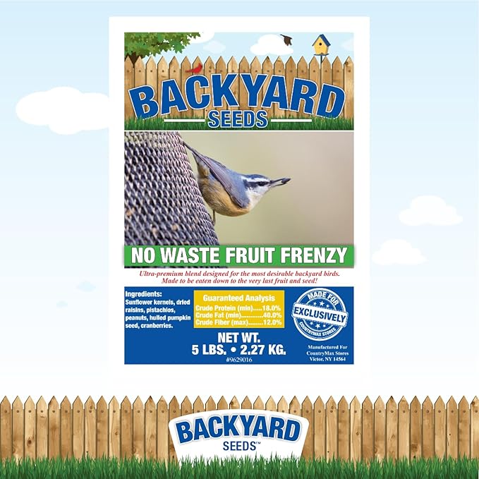 CountryMax Backyard Seeds No Mess, No Waste Mix with Fruit Frenzy Blend - Hulled Pumpkin Seeds, Cherry Flavored Cranberries, Pistachios, Dark Raisins - Bird Seed (5 Pounds)