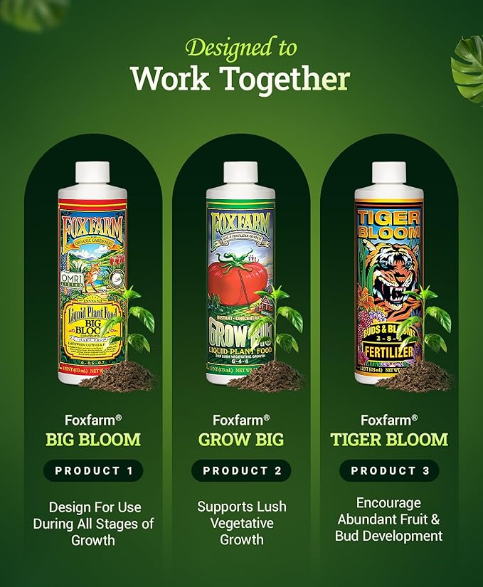FoxFarm Soil Liquid Trio Pack - Big Bloom, Grow Big, Tiger Bloom Fertilizers Supports Vigorous Plant Growth, Bud Development & Abundant Fruit - Complete Liquid Plant Food Set - 3 Pint Bottles