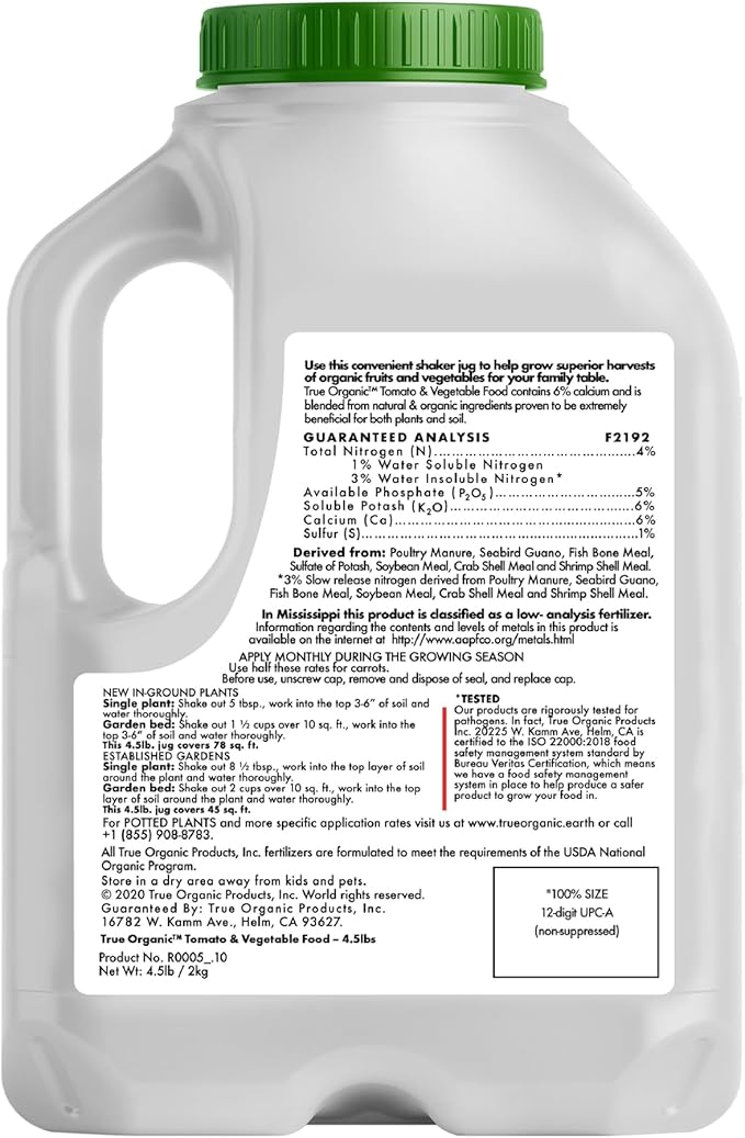 True Organic Tomato and Vegetable Food Granular Fertilizer 4.5lbs Jug - CDFA, OMRI Listed for Organic Gardening NPK 4-5-6