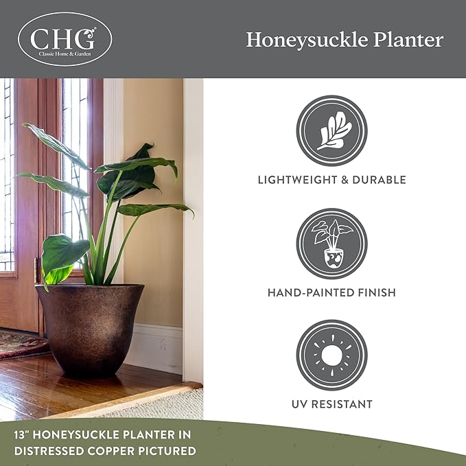 Classic Home and Garden Honeysuckle Resin Planters - Lightweight Indoor & Outdoor Plant Pots - UV-Resistant Plastic Flower Pots - Pot Planters for Flowers & Herbs (13" Grained Beige)
