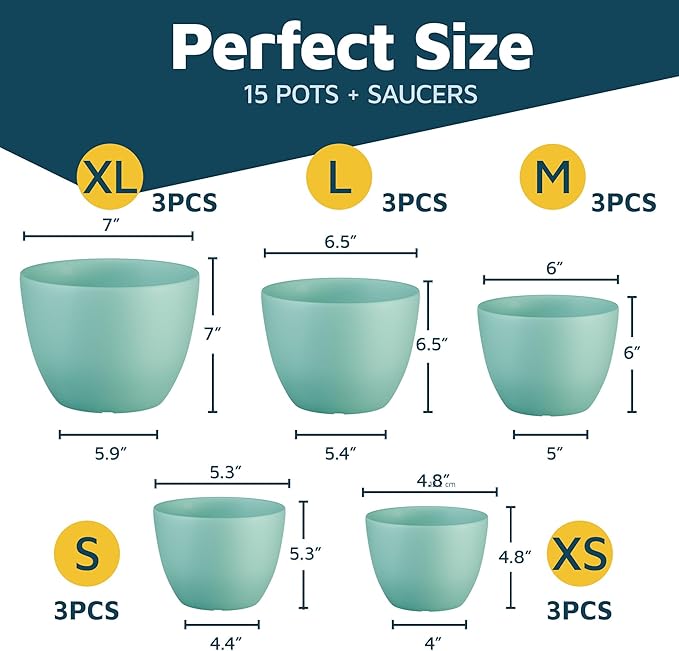Aqua Plant Pots with Drainage Holes & Saucers 15 Pack, Indoor & Outdoor Stackable Space-Saving Planters for Houseplants & Flowers, (7", 6.7", 6", 5.3", and 4.8" Inches), Durable & Weatherproof