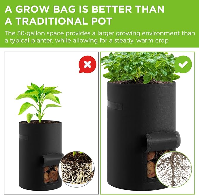 Yoojahow 2 Pack 30 Gallon Potato Grow Bags with Harvest Window, Durable Garden Planter Bags with Handles for Potatoes, Tomatoes, and Vegetables - Indoor & Outdoor Gardening Supplies (Black)
