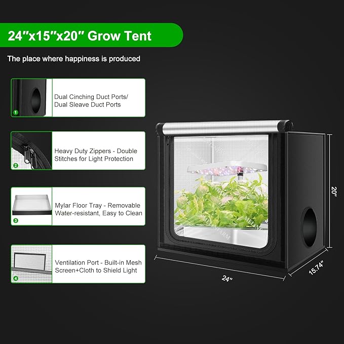 MELONFARM 24"x16"x24" Grow Tent, Double Transparent Viewing Door Indoor Grow Tent, Growing Tent with High Reflective Mylar & Floor Tray, Plant Tent for Indoor Hydroponics Growing