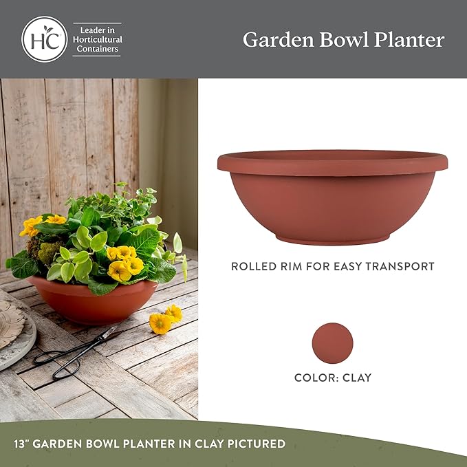 The HC Companies Shallow Planter with Drainage - Contemporary Garden Bowl Planter for Flowers, Herbs & More - Round Succulent Planter Pot for Indoors and Outdoors (15.5" Clay, Pack of 1)