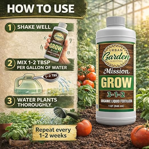 Urban Garden Outfitters Mission Fertilizer Grow 3-1-2 Organic Liquid Plant Fertilizer- All-Purpose, Fish-Based Nutrient Boost for Healthy Growth, Indoor & Outdoor Plants, Quart