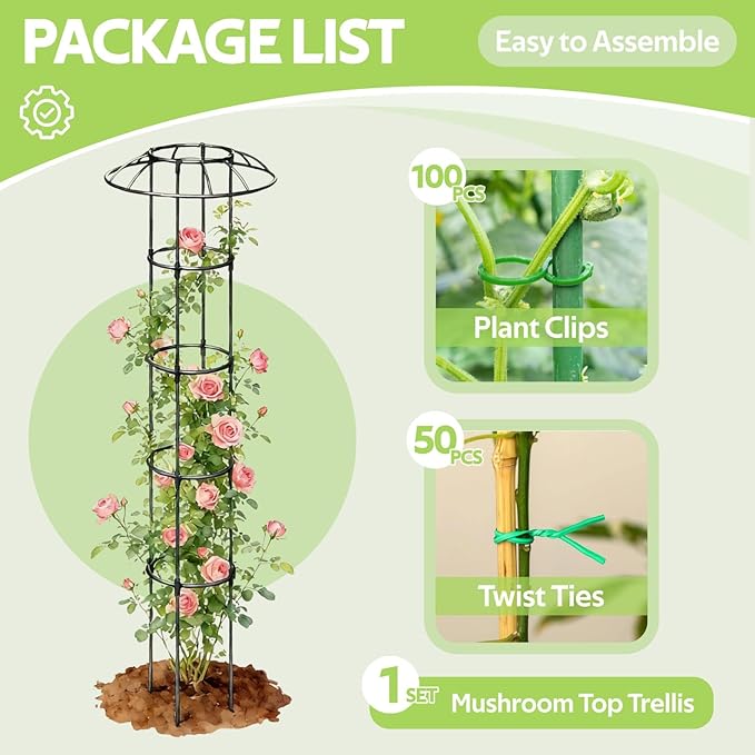 Garden Trellis for Climbing Plants Outdoor - Unique Mushroom Top Round Trellis for Indoor Potted Plant - 64" Tall Rustproof PE Coated Metal Pipe Obelisk Support Ivy Vine Rose Grape Vegetable