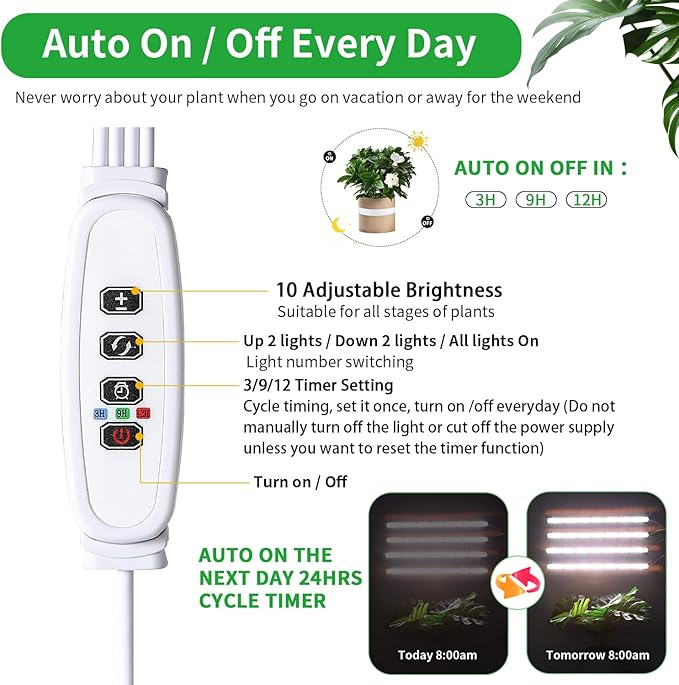 Grow Lights for Indoor Plants, 13" Grow Light Strips with Timer 3/9/12 H, 10 Dimmable Levels, 192 LEDs Full Spectrum Sunlight，Plant Growing Lamp for Indoor Greenhouse Seedlings, 4 Head