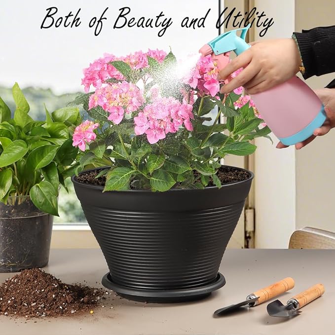 5 Pack 10 Inch Plant Pots with Saucers, Plastic Flower Pots with Drainage Holes, Large Planters for Indoor Outdoor Garden, House Plants, Flowers, Herbs, Gardening Gifts, Black