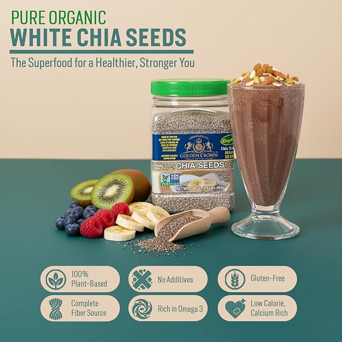 Golden Crown Organic Chia Seeds | Gluten Free, Non GMO, & Vegan White Chia Seeds Organic | Omega-3 & Fiber to Support Energy and Satiety | Ideal for Chia Puddings, Smoothies & Baking | 24 Oz (1.5 Lb)