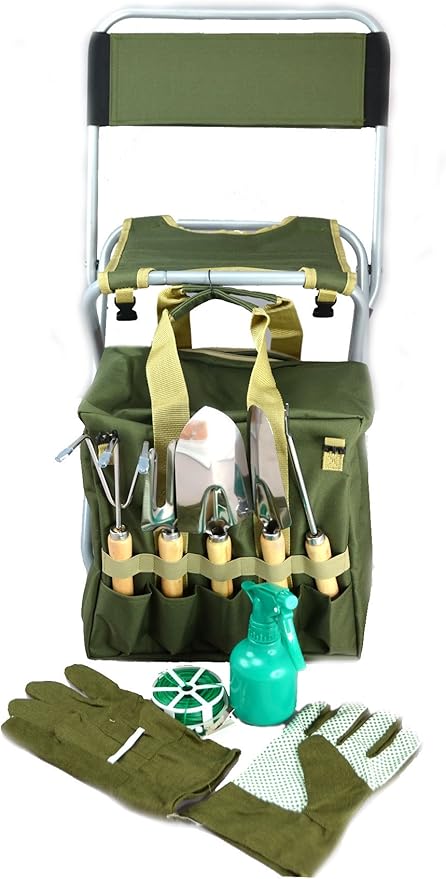 10-piece Gardening Tool Set with Zippered Detachable Tote and Folding Stool Seat with Backrest