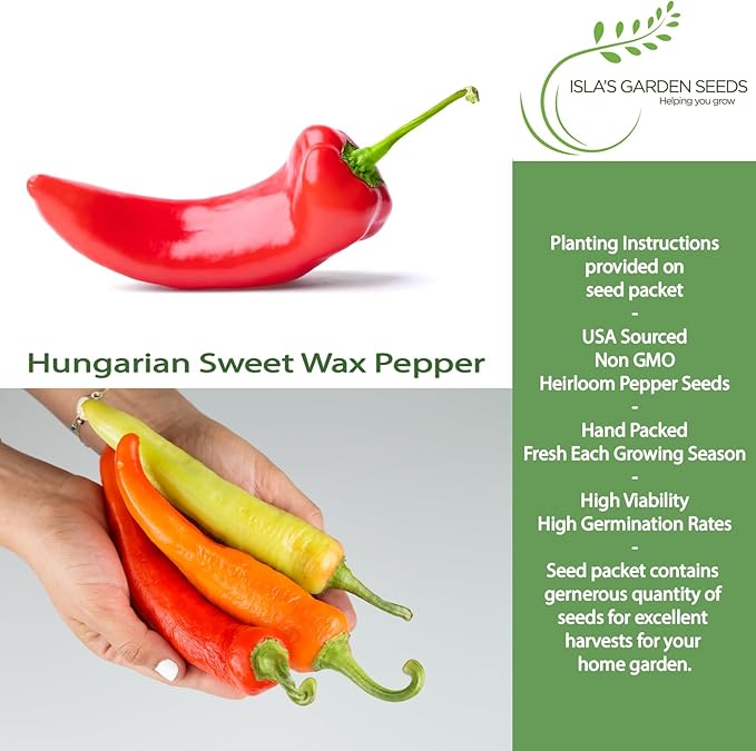 Hungarian Sweet Wax Pepper Seeds (Capsicum annuum) – 100+ Heirloom Non-GMO Seeds by Isla's Garden Seeds, Mild and Flavorful Peppers, Ideal for Fresh Eating, Pickling & Cooking, Great Gardening Gift