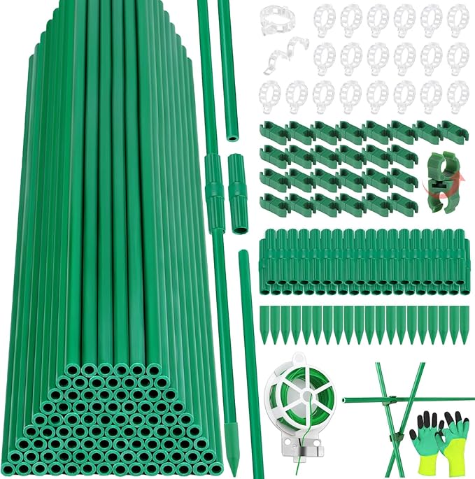 287 PCS Garden Stakes, Fiberglass Tomato Stakes, Garden Sticks with Accessories, 90 Sets DIY 4ft, 5ft, 6ft, 7ft Plant Stakes, Plant Sticks Supports for Indoor Outdoor Plants, Vegetables