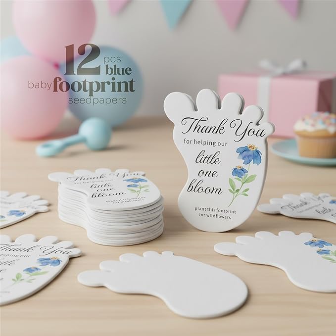 Seed Bloom Footprint-Shaped Seed Paper – 12 pcs Blue Shower Favors for Guests with Wildflower Seeds, Writable & Plantable, Gender Reveal, Birthday Gifts for Guest