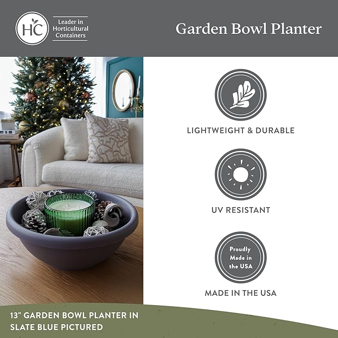 The HC Companies Shallow Planter with Drainage - Contemporary Garden Bowl Planter for Flowers, Herbs & More - Round Succulent Planter Pot for Indoors and Outdoors (14" Slate Blue, Pack of 1)